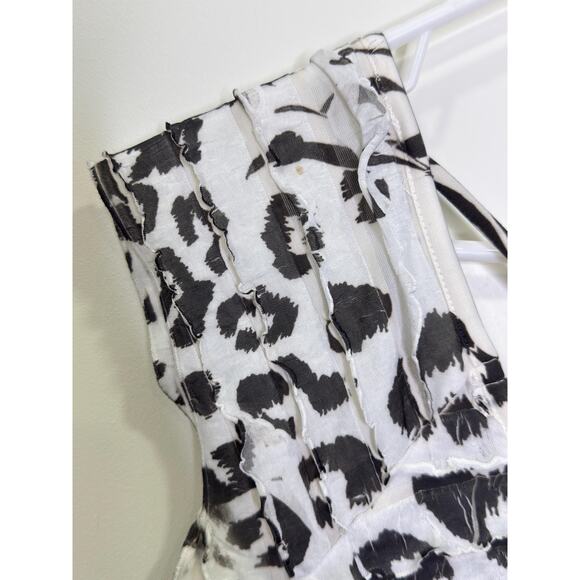 Vintage Black White Multi Animla Print Ruffled Flowy Long Top Y2k, 90s Grudge,Wh - Picture 5 of 10
